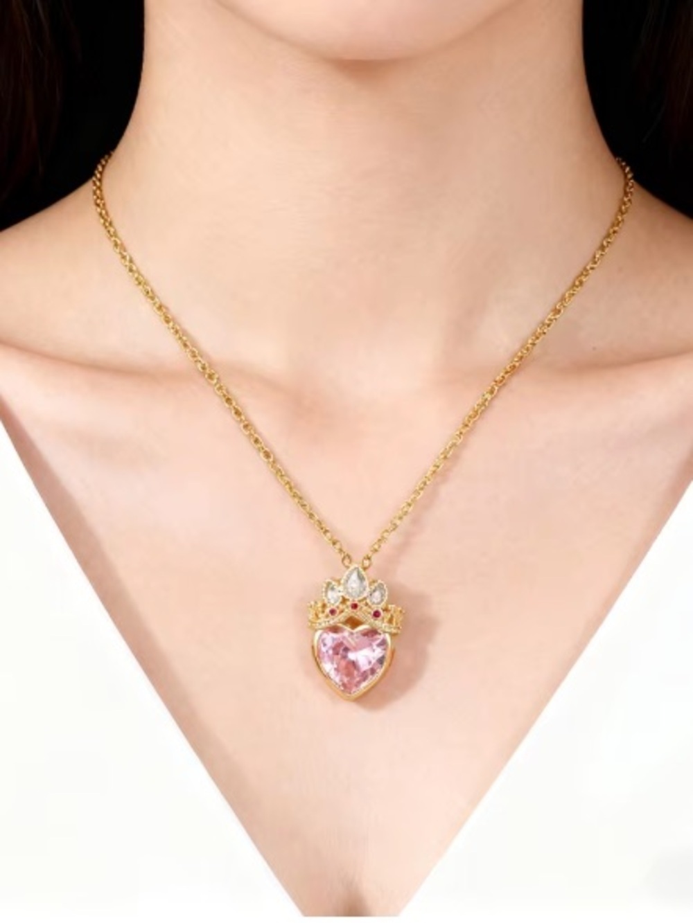 Gold Pink Heart Crown Necklace.